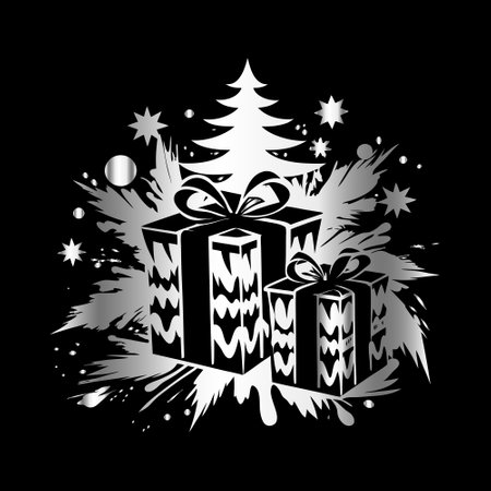 Gift box with christmas tree and snowflakes on black backgroundのイラスト素材