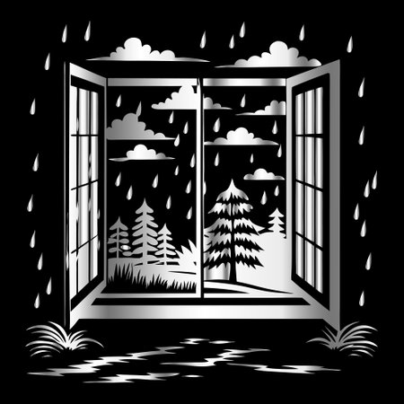 illustration of window with rain and pines on the black backgroundのイラスト素材