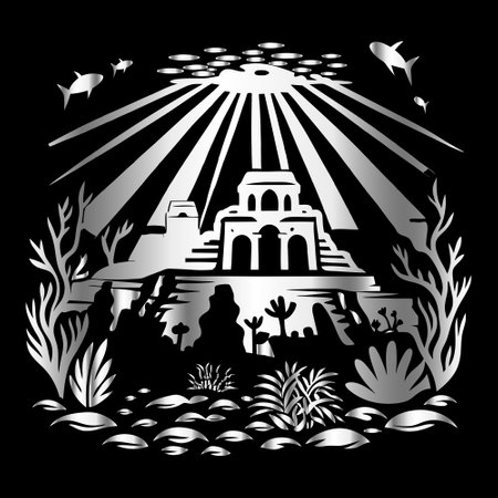 Black and white illustration of the sun shining through the clouds above the temple.のイラスト素材