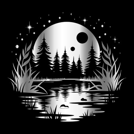 Night landscape with lake, forest and moon. Black and white illustration.のイラスト素材