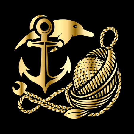 Gold anchor, fish and rope on a black background. Vector illustrationのイラスト素材