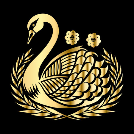 golden swan with laurel wreath and flowers on black backgroundのイラスト素材