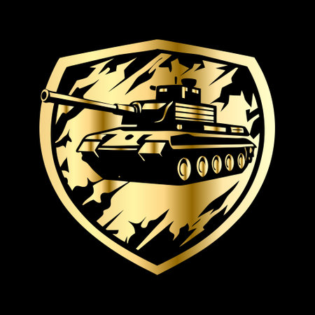 Military tank on the shield. Vector illustration on a black background.のイラスト素材