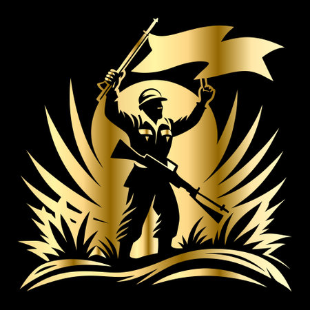 Silhouette of a soldier with a gun and a flag.のイラスト素材