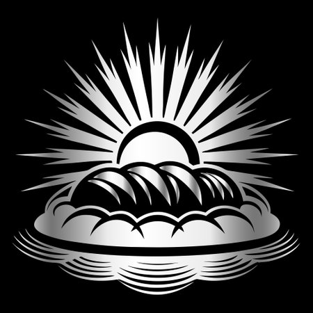 Sunset in the clouds. Black and white vector illustration on black background.のイラスト素材
