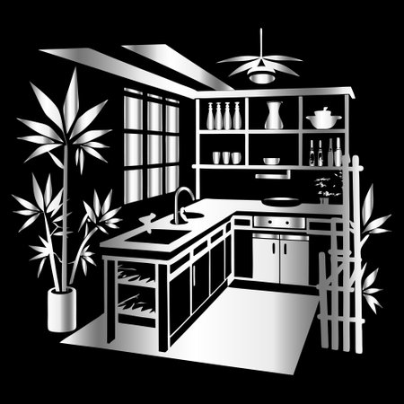 Kitchen interior. Vector illustration of a black and white kitchen.のイラスト素材