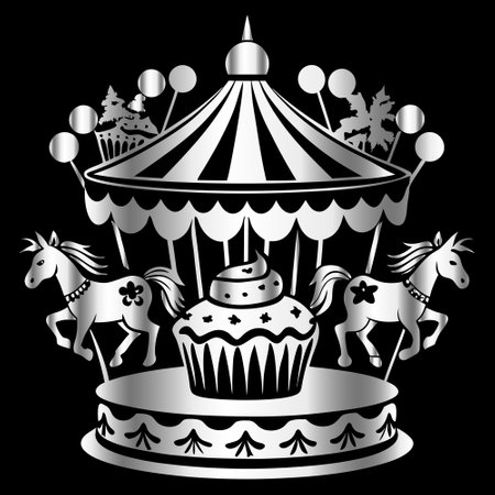 Carousel with cakes and horses on a black background. Vector illustration.のイラスト素材