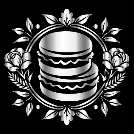 Illustration of macarons and laurel wreath on black backgroundのイラスト素材