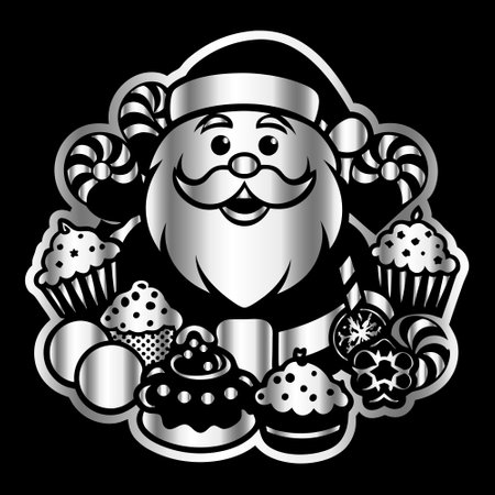 santa claus with cupcakes and sweets on a black backgroundのイラスト素材