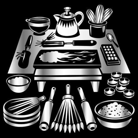 kitchen utensils on the table, black and white vector illustrationのイラスト素材