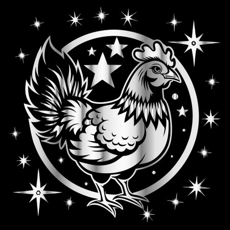 Rooster with wings and stars on a black background. Vector illustration.のイラスト素材
