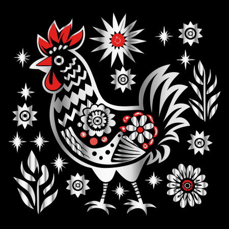 Rooster with floral ornament on a black background. Vector illustration.のイラスト素材