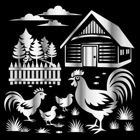 Set of black and white farm icons on black background. Vector illustration.のイラスト素材