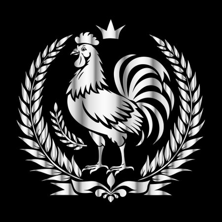 Rooster with crown and laurel wreath on black background.のイラスト素材