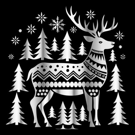 Deer and Christmas trees on a black background. Vector illustration.のイラスト素材