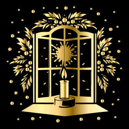 Vector illustration of a window with a burning candle on a black backgroundのイラスト素材