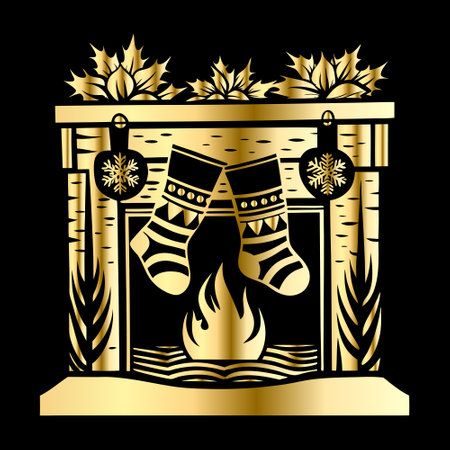 Fireplace with christmas socks. Vector illustration. Black background.のイラスト素材
