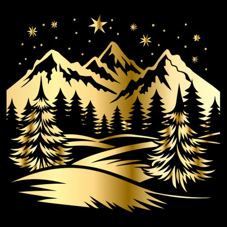 Mountain and pine trees on a black background. Vector illustration.のイラスト素材