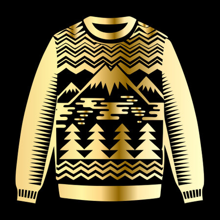Winter sweater with snowflakes and mountains on a black background.のイラスト素材