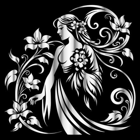 Beautiful girl with flowers and butterflies on a black background. Illustration.のイラスト素材