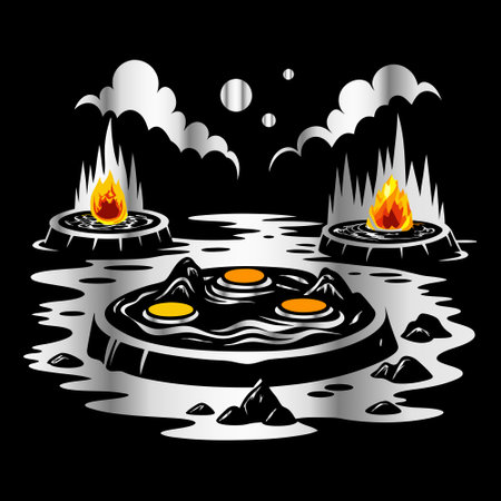 Flaming volcano on black background. Vector illustration for your designのイラスト素材
