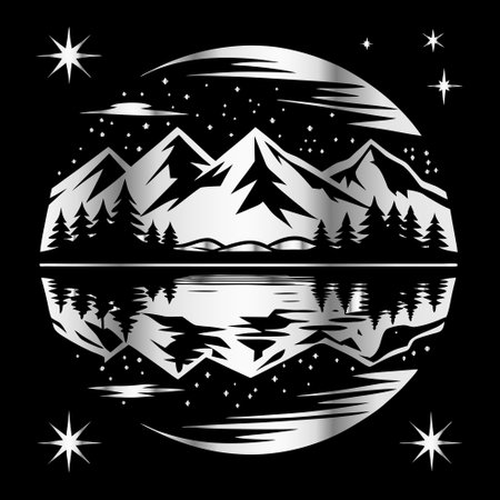 Mountain and lake silhouette in black and white, vector illustration.のイラスト素材