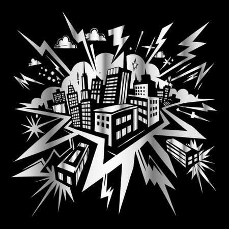 Vector illustration of a city in a comic style on a black background.のイラスト素材