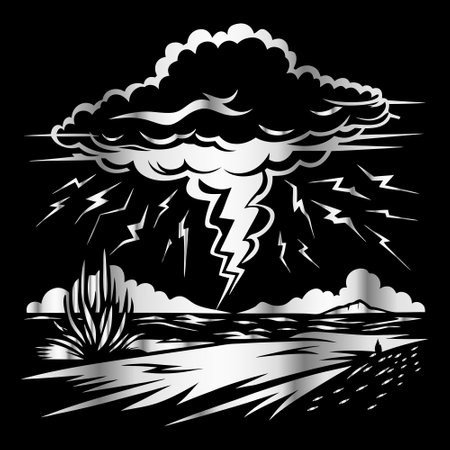 Cartoon cloud with lightning and thunder on black background. Vector illustration.のイラスト素材