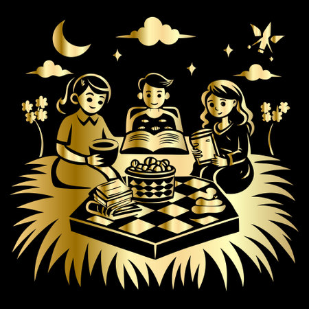 Happy family reading a book in the garden. Vector illustration for your designのイラスト素材