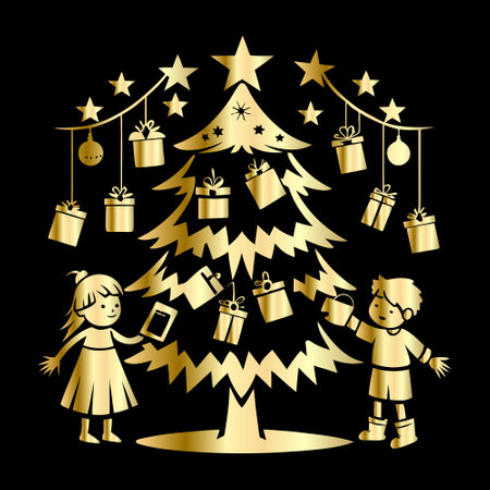 Christmas tree with children and gifts on black background. Vector illustration.のイラスト素材