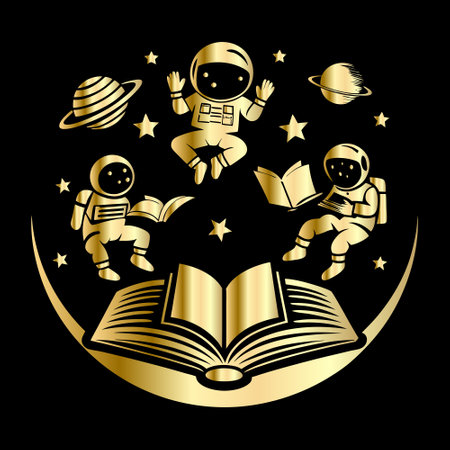 Astronaut in space and open book with stars. Vector illustration.のイラスト素材
