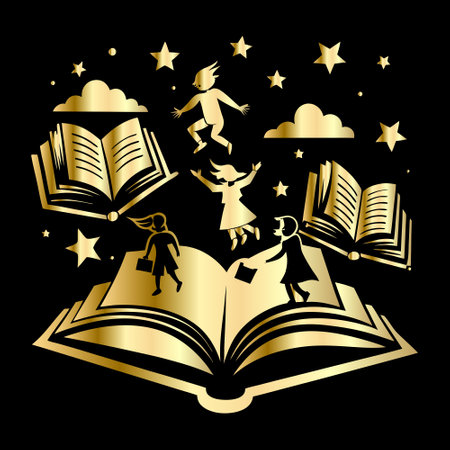 Magic book with children and stars on black background. Vector illustration.のイラスト素材