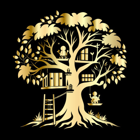 vector illustration of a tree in the shape of a house and a family on a black backgroundのイラスト素材