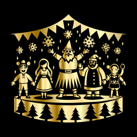 Happy New Year and Merry Christmas. Santa Claus, elf, elf, snowman, elf, elf, snowflakes. Gold on black background.のイラスト素材