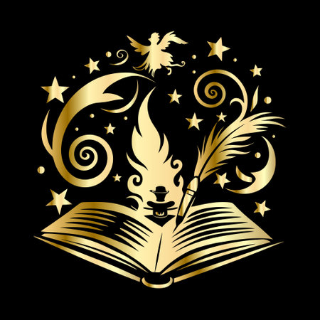 Magic book with magic wand, wings and fire. Vector illustration.のイラスト素材