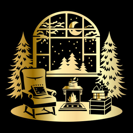 Christmas background with fireplace, christmas tree and chair. Vector illustration.のイラスト素材