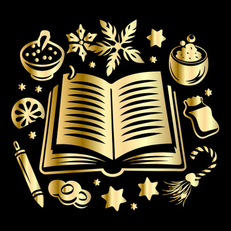 Christmas symbols. Vector illustration in gold and black colors on a black background.のイラスト素材