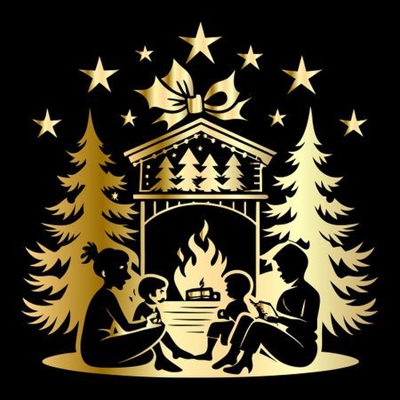 Christmas card with family and fireplace on black background. Vector illustration.のイラスト素材