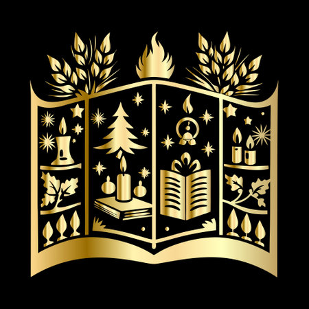 Magic book with candles and Christmas tree on black background. Vector illustration.のイラスト素材