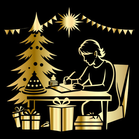 Vector illustration of a man writing letter to Santa Claus on a black backgroundのイラスト素材