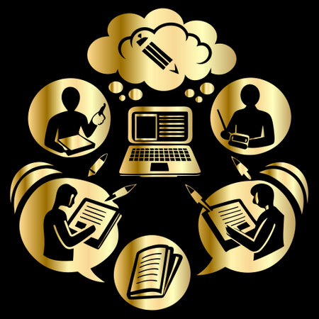 Vector illustration of a group of people with a laptop and books.のイラスト素材