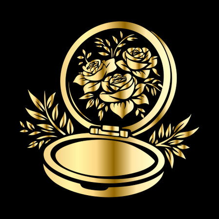 Cosmetic powder and flowers in a gold circle on a black backgroundのイラスト素材