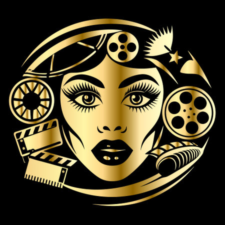 Vector illustration of a woman's face with film reel and camera.のイラスト素材