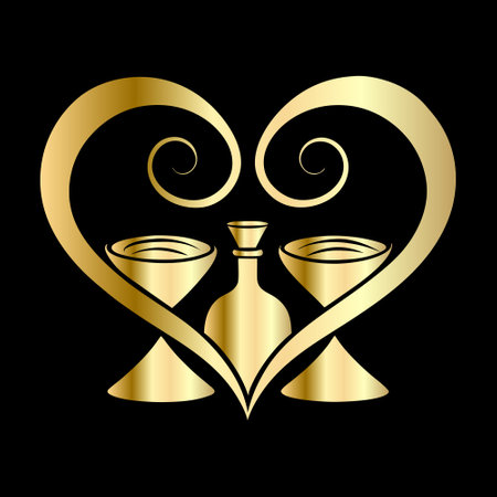Vector illustration of a golden heart with two wineglasses on black backgroundのイラスト素材