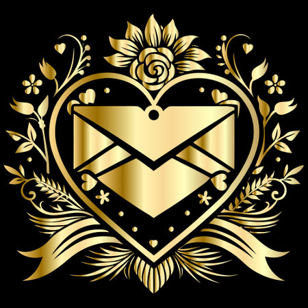 Golden heart with letter and floral ornament on black background. Vector illustration.のイラスト素材