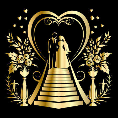 golden background with bride and groom in the style of baroqueのイラスト素材
