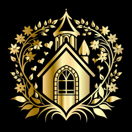 Church in gold laurel wreath on black background. Vector illustration.のイラスト素材
