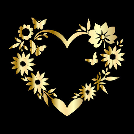 Gold heart with flowers and leaves on black background. Vector illustration.のイラスト素材
