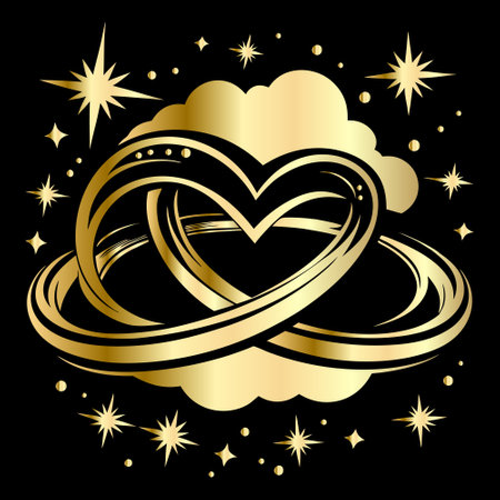 Wedding rings and heart on a black background. Vector illustration.のイラスト素材
