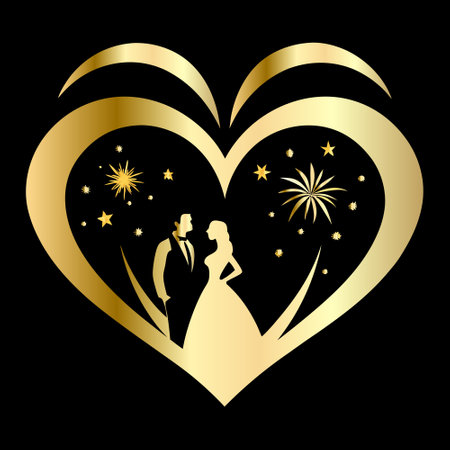 Wedding couple in golden heart with fireworks. Vector illustration.のイラスト素材